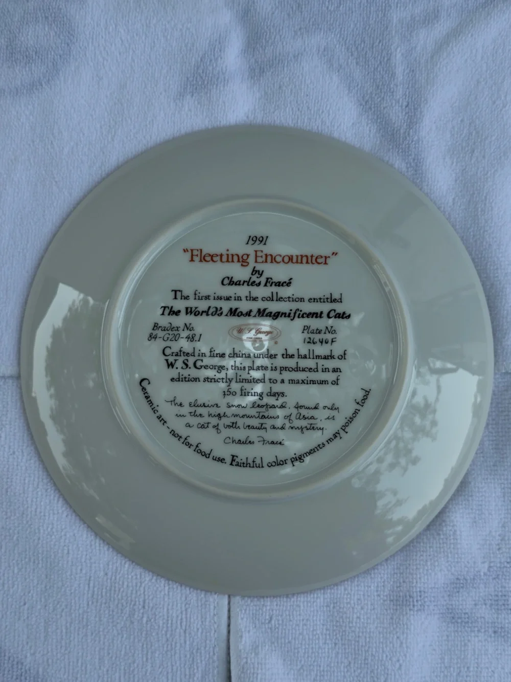 World's Most Magnificent Cats Snow Leopard Charles Fracé Plate# 12640F, 1991.